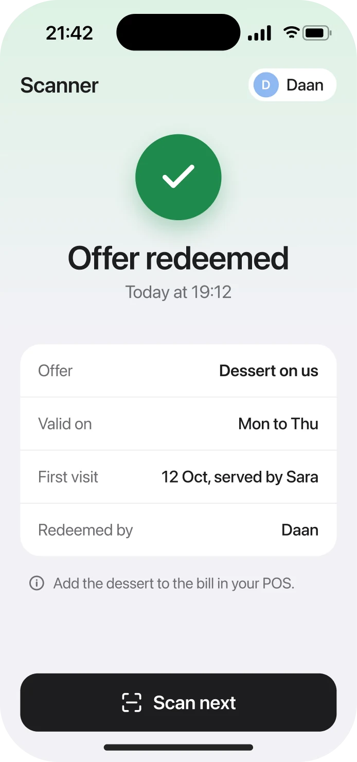 Staff scanner showing an offer redeemed
